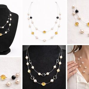 Floating Illusion Double Layer Necklace | Faux Pearl + Faceted Beads